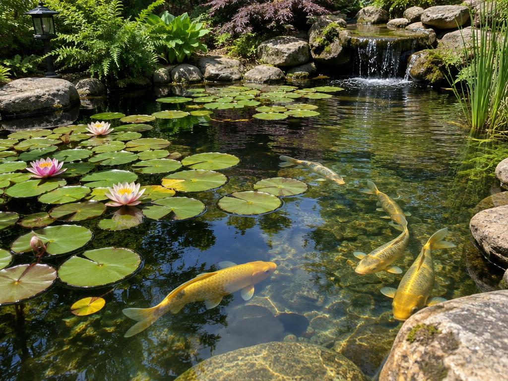 Koi pond with water lilies